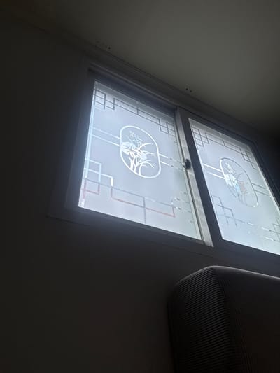 The image shows a frosted glass window with decorative patterns, possibly in a room. The window appears to be a double-hung window with two panes. Each pane has an oval-shaped design featuring a stylized plant or flower. The window frame is white. To the left of the window, the wall is dark and shadowy. To the lower right, the corner of a ribbed upholstered piece of furniture, likely a sofa or chair, is visible. The overall lighting suggests it is daytime, with light filtering through the frosted glass. There are a few small dark specks on the ceiling above the window. The location is identified as Yangsan-si, South Korea.