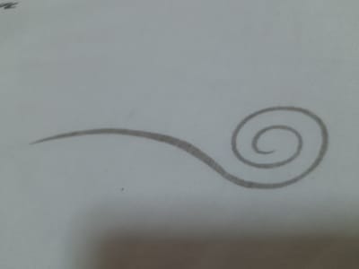 The image displays a close-up view of a gray, spiral design on a light-colored, textured surface, possibly fabric. The spiral is drawn with a thin, uneven line and is positioned on the right side of the frame, with a wavy line extending from its left. The background is a soft, diffused light gray, with some subtle shadowing on the lower portion of the image. There are no people, objects, or specific environmental features visible that would indicate a location in Baan Mae Nam, Thailand. The image appears to be a detail of a decorative pattern.
