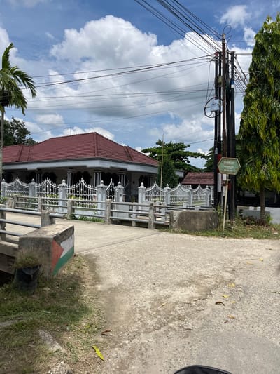 The image shows a street scene in Langsa, Indonesia, featuring a house with a red tile roof and a white ornate fence. A concrete bridge or embankment is visible in the foreground, with a small structure painted in the colors of the Palestinian flag on its side. Overhead, numerous electrical wires crisscross the sky, supported by utility poles. A green hexagonal sign is attached to one of the poles, displaying text that appears to be in Indonesian. Lush green trees and a palm tree are present in the background, and the sky is partly cloudy. The road surface is made of concrete and appears somewhat weathered. There are no people visible in the image.