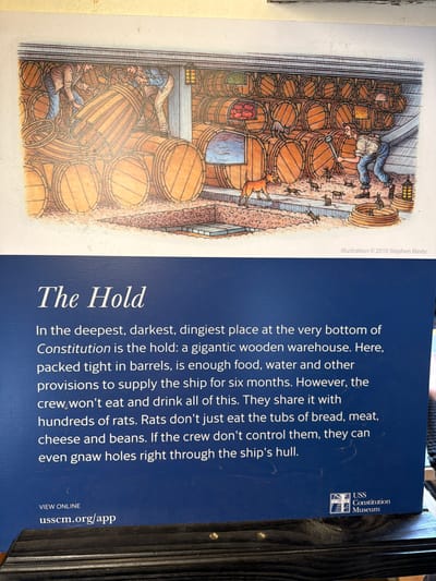 The image shows a section of an informational display at the USS Constitution Museum in Boston, Massachusetts. The display features an illustration of the ship's hold, depicting rows of wooden barrels packed tightly. Two figures, presumably sailors, are shown interacting with the barrels, one appearing to be rolling a barrel and the other assisting. The illustration also includes a dog and several rats among the barrels, illustrating the challenging conditions of shipboard life. Text below the illustration provides context, describing the hold as a "gigantic wooden warehouse" used to store provisions for six months and noting the presence of rats that would consume food and gnaw on the ship's hull. The bottom of the display includes the museum's logo and a website address.