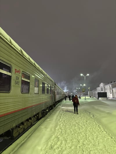 A train stretches into the distance under an overcast sky and artificial lights. The train cars are silver with dark-framed windows and a red logo on the side. A thick layer of snow covers the ground alongside the train, forming a high bank. A person in a red jacket stands on the snowy ground near other figures, with a building in the far background.