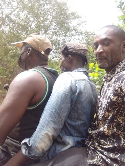Three adult males are observed in close proximity, appearing to be in transit, in Igbo Ijaiye, Nigeria. The scene is illuminated by natural daylight and features dense green foliage in the background.

From left to right:
1.  The leftmost individual, viewed from the rear right, wears a tan baseball cap and a black face mask. He is dressed in a dark sleeveless top with green and white trim along the armhole. His head is turned to the left, facing forward.
2.  The middle individual, also viewed from the rear right, wears a dark brown cap and a light blue long-sleeved denim shirt with sleeves rolled above the elbows. His head is similarly turned to the left, facing forward. He exhibits a short beard or stubble on his jawline.
3.  The rightmost individual is seen from the right profile, with his face directed towards the camera. He wears a dark short-sleeved shirt patterned with light-colored stars and abstract shapes. He has short hair and a short beard. His body is oriented forward, similar to the other two, but his head is rotated to face the viewer.

All three individuals possess dark complexions. Their close arrangement suggests shared transport or seating. The background foliage implies an outdoor, possibly rural or semi-rural environment.