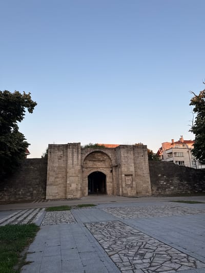 The image shows an ancient stone archway in Vidin, Bulgaria, under a clear sky. The archway, constructed from large, weathered stones, features a semicircular opening and decorative stonework. To the right of the archway is a paved walkway with intricate mosaic patterns, bordered by grass. Beyond the archway, buildings with red roofs and white facades are visible, suggesting an urban setting. Trees frame the top and bottom of the image, with their foliage contrasting against the bright sky. The lighting indicates it is either early morning or late afternoon. The scene is quiet, with no people or animals visible. The overall impression is one of historical significance and peaceful urban landscape.