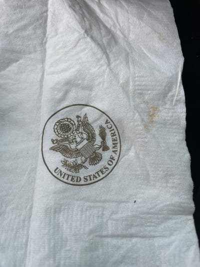 A wrinkled, white paper napkin lies on a dark surface. Printed on the napkin is a circular emblem depicting the Great Seal of the United States, featuring an eagle clutching arrows and an olive branch. There is some staining on the napkin. There is no information given about the location being in Nabatum, Nigeria, nor is any other information given that would be possible to describe in the scene.