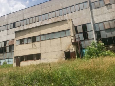 This eye-level, slightly low-angle shot captures an abandoned or disused industrial building in Zhivkovo, Bulgaria, under a partly cloudy sky. The main structure is a large, multi-story building constructed from grey concrete panels, showing signs of wear and cracking. It features multiple rows of rectangular windows, many with rusty frames and dirty or broken panes, reflecting the sky.
In front of and partially attached to the larger building is a smaller, two-story annex painted a pale, yellowish color. This annex also has numerous windows, some open or missing, and a corrugated metal awning extending over its second-floor windows. A rusty metal staircase or fire escape is visible on the right side of this smaller structure, leading up to a platform. At ground level, there are open doorways or large window openings; one brown door is ajar, revealing a dark interior.
The foreground and sides of the buildings are dominated by tall, overgrown grass and weeds, vibrant green in some areas and dry, golden-brown in others, indicating a long period of neglect. A few green bushes and small trees are visible near the building, further emphasizing the overgrowth. No people or specific activities are depicted, reinforcing the impression of an abandoned site. The scene is brightly lit by daylight, suggesting a sunny or partly sunny day. No discernible text is visible on the structures.