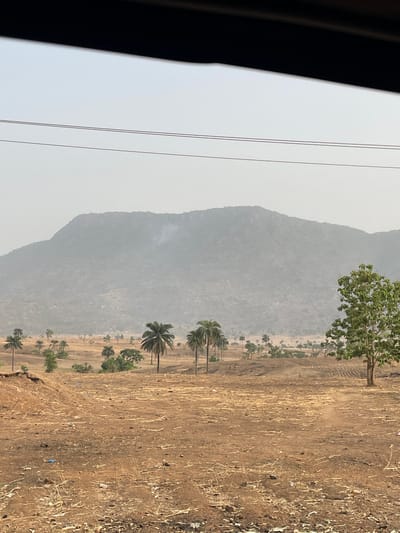 The image shows a landscape in Nandu, Nigeria, likely taken from a vehicle. In the foreground is dry, barren land with scattered vegetation and debris. Several palm trees are visible, extending into the midground, with a large, tree standing out. Behind the plain landscape rises a large, hazy mountain. Overhead power lines are visible, and part of a vehicle interior frames the left side of the scene.