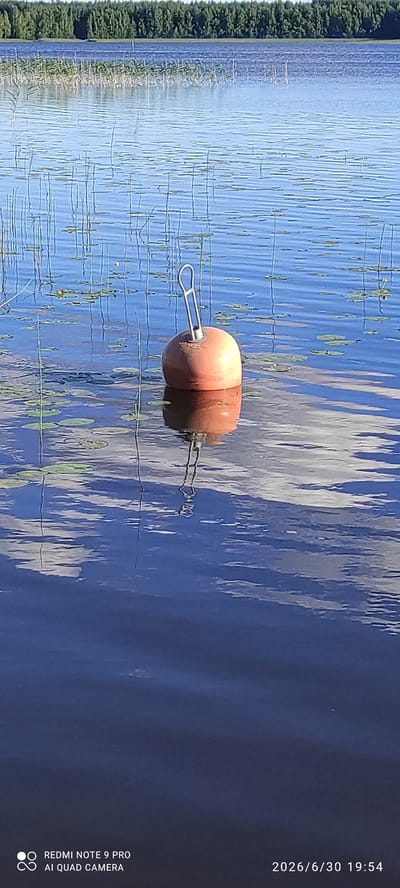 The media file displays a close-up of an orange and white buoy floating on calm, blue water. The buoy is attached to a chain. The water is disturbed by ripples, suggesting a gentle breeze. Surrounding the buoy, the water is dotted with submerged aquatic plants and lily pads, indicating a natural body of water like a lake or pond. In the background, on the left side of the image, a dense line of dark green coniferous trees borders the water, suggesting a forested area. The sky is reflected in the water, showing patches of blue sky and white clouds. The lighting suggests it is daytime, likely afternoon or early evening.
Visible text in the lower right corner reads "2026/6/30 19:54" and "REDMI NOTE 9 PRO AI QUAD CAMERA". The timestamp indicates the photo was taken on June 30, 2026, at 7:54 PM. The location context is Joutsa, Finland. The scene is peaceful and serene, with no people visible.