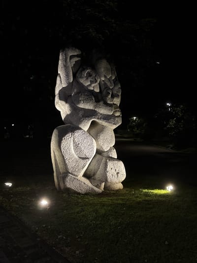 A stone sculpture of a reclining figure, likely a human form, is centrally located and illuminated. The sculpture is resting on a patch of grass under the dark night sky. Some green bushes and trees exist in the background. There is a light source nearby to the grass, and another one in the distance by the trees.
The location is Vrnjacka Banja Municipality, Serbia.
