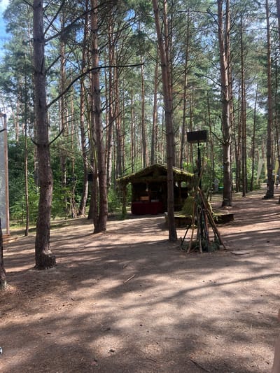 The image depicts a forested area with tall pine trees, suggesting an outdoor setting. In the center of the frame, there's a small, rustic structure, possibly a stall or a shelter, covered in moss and branches. In front of it, a makeshift structure of wooden sticks is arranged, topped with a dark rectangular object, likely a speaker or a light. The ground is covered with dirt, pine needles, and fallen branches, indicating a natural, unpaved surface. Sunlight filters through the trees, casting dappled shadows across the scene. The overall atmosphere is that of a natural, possibly event-related, setup within a forest. While the image is taken in a forest, the specific location within the city of Garbicz, Poland, cannot be determined from the visual information alone.