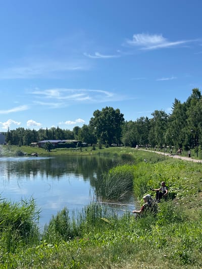 In Oktyabrsky, Russia, a serene scene unfolds at a park with a tranquil lake on a bright, sunny day under a clear blue sky with sparse white clouds. The foreground is dominated by lush green grass and reeds lining the edge of the lake. Two individuals are seen fishing near the water's edge. One, wearing a hat and a camouflage-patterned shirt, is seated, holding a fishing rod. Beside them, another person in a dark t-shirt is also seated, with their arm outstretched.
Across the lake, a building with a dark roof, possibly solar panels, is visible amidst a backdrop of dense green trees. A small wooden pier extends into the water near the building. Further along the lake's bank, a paved walkway winds through the park, lined with benches and lampposts. Several people are strolling or sitting on benches along this path, and a flock of pigeons gathers near one bench. The trees form a thick, verdant line along the park's perimeter, with some taller evergreen trees interspersed among deciduous ones. The lake reflects the blue sky and the surrounding greenery, creating a peaceful atmosphere.