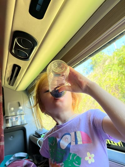The image depicts a young girl with red hair drinking from a clear plastic bottle. She is seated inside what appears to be a vehicle, possibly a bus, given the overhead compartments and window shades visible. The interior is illuminated by natural light streaming through the windows, which offer a view of green foliage. The girl is wearing a purple t-shirt with a toucan and floral design. The scene does not provide any information to suggest a location in Thôn 6, Vietnam.