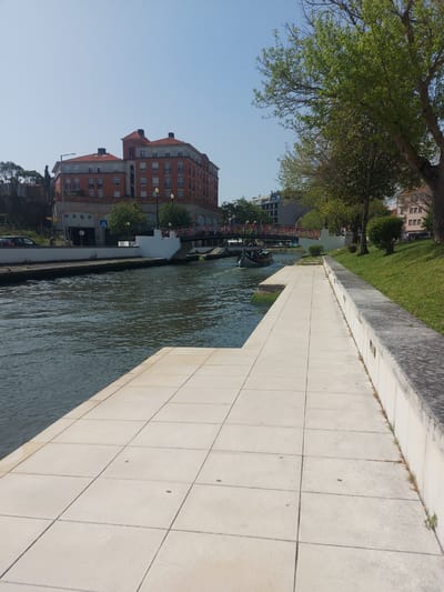 The image depicts a canal in Aveiro, Portugal, flanked by a tiled walkway on one side and a grassy area and buildings on the other. The canal water is slightly rippled, and several boats are visible in the distance, near a bridge adorned with colorful decorations. A large, red-brick building with multiple windows and a distinct roofline stands beside the canal, along with trees. The sky is clear and blue. The overall scene suggests a sunny day along the urban waterway of Aveiro.
