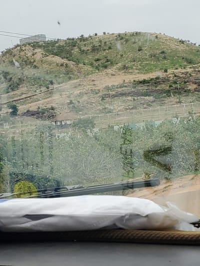 The image depicts a landscape scene viewed through a car windshield. In the foreground, part of the car's interior is visible, including a dashboard and a white object covered in plastic. The middle ground shows a dense green vegetation, likely trees, with a small building with a thatched roof visible behind a fence. Further in the background, a hill is covered in sparse vegetation and dirt. At the very top of the hill, a large, modern-looking building or structure with multiple levels is visible. The sky is overcast and hazy. The presence of a car interior suggests the photo was taken from a moving vehicle. The environment appears to be rural or semi-rural. There is no specific indication of the city of Dangar, Nigeria in the image itself.