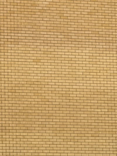 The image shows a close-up, full-frame view of a brick wall. The bricks are rectangular and laid in a running bond pattern, with horizontal mortar lines. The color of the bricks is a light, yellowish-brown, with some slight variations in tone and texture visible. The mortar appears to be a darker gray. The lighting is even, suggesting an overcast day or a shaded location, with no strong shadows cast by the bricks themselves. The wall appears to be exterior facing. There are no people, animals, or other objects visible in the image. The scene is static and devoid of any action. The image is consistent with a wall located in any urban or suburban environment; there are no specific visual cues that would indicate its presence in Морозовка, Russia.