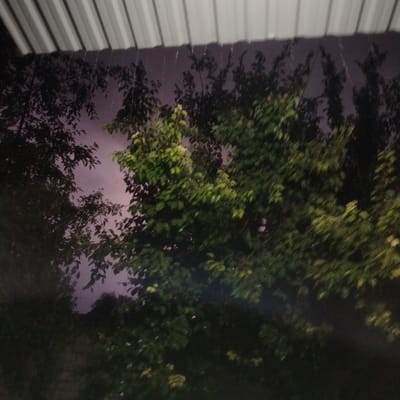 A low-angle, dark, and somewhat blurry shot shows the underside of a corrugated metal roof, which is white and angled downwards from left to right. Beneath the roof, water is dripping down in thin streams, suggesting rain. The background consists of dense, dark green foliage from trees, interspersed with a deep purple-pink sky. The overall impression is of an outdoor scene at night or during heavy rain, with the vegetation obscuring any clear view of the sky or surroundings. The location is identified as Kuyoshli (Solnechny), Uzbekistan.