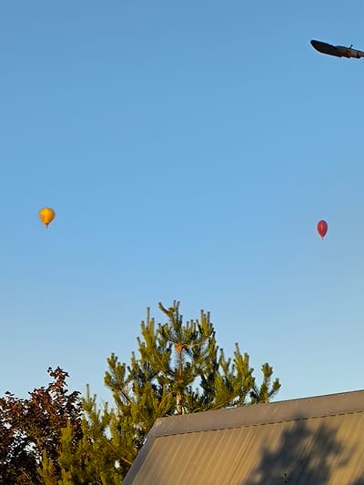 The image shows a clear blue sky with two hot air balloons, one yellow and one red, floating in the distance. In the foreground, the top of a gray metal roof is visible, along with the tops of green pine trees and dark red foliage. To the upper right, a street lamp is partially visible against the sky. The scene appears to be outdoors, likely in a residential or park area, given the presence of trees and a rooftop. There are no people visible in the image, and no specific actions or interactions are depicted beyond the balloons' passive flight. The lighting suggests it may be late afternoon or early morning due to the warm tones on the roof and the clarity of the sky. The location in Novonikolskoye, Russia, is provided as context but is not visually discernible from the image itself.