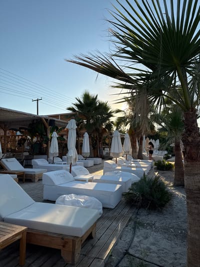 A beach club in Pallini Municipal Unit, Greece, is depicted in this image. The scene is set during daylight with a clear sky and sunlight filtering through palm trees. The beach club features numerous white lounge chairs with umbrellas, arranged on a wooden platform and sand. In the background, a covered seating area with additional chairs and tables is visible, along with tropical plants. One person, a woman with dark hair, is walking amongst the lounge chairs. Another person, a man, is standing near the palm trees on the right side of the image. The overall atmosphere is serene and suggests a relaxing environment for patrons.