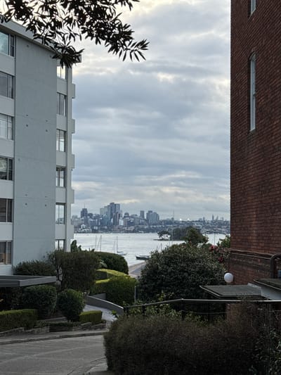 This is a medium-distance, eye-level, outdoor shot of a city skyline and waterfront, framed by two buildings. On the left is a light-colored, modern apartment building with multiple floors and windows. On the right is a brick building with arched windows. Between these buildings, a body of water, likely Sydney Harbour, is visible with several sailboats. In the distance, the dense skyline of the Sydney central business district is discernible under a cloudy sky. The foreground features a paved pathway winding through landscaped areas with various types of bushes and trees. The lighting suggests it is daytime, possibly overcast or late in the day. There are no people visible in the image.
