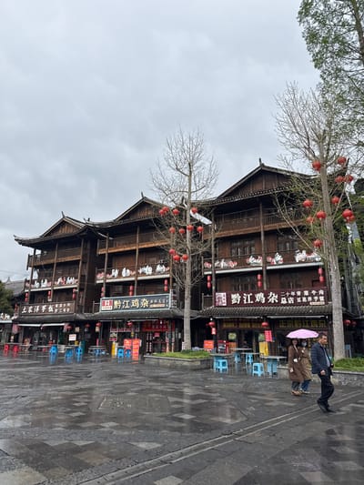 The image depicts a street scene in Zhuoshui, China, dominated by a multi-story traditional wooden building with intricate architectural details, adorned with red lanterns. Signboards with Chinese characters are prominently displayed. Two people are walking on the wet pavement, one holding a pink umbrella. The street is lined with outdoor seating, and bare trees frame the building against a cloudy sky. The scene is captured at street level, emphasizing the height and grandeur of the building.