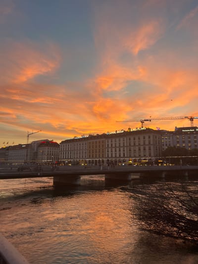 This is a vertical, wide-angle shot of a city skyline at sunset, reflecting off a river. The sky is a dramatic canvas of fiery orange and soft pink clouds against a fading blue. The sun is setting behind a row of tall buildings lining the riverbank, casting long shadows and illuminating the water with a warm, golden glow.

The buildings are illuminated by interior lights and a few prominent signs. One sign displays "BREITLING" in large, bright letters, and another reads "CAPITAL GROUP." A crane is visible in the background, suggesting ongoing construction. The architectural style of the buildings appears to be modern, with rows of windows and a somewhat uniform facade. The river is calm, with gentle ripples reflecting the sunset.

On the left side of the frame, the sky dominates, showcasing the vibrant sunset colors and wispy clouds. On the right, the cityscape and the river take center stage. There's a sense of tranquility and beauty in the scene, amplified by the warm hues of the sunset. The time of day is clearly sunset, and the weather appears clear, allowing for a brilliant display of colors. The location is Geneva, Switzerland, with the buildings and river likely being a prominent feature of the city. While no people are clearly discernible, the presence of lit windows and the overall urban setting implies human activity. The image evokes a feeling of peace and awe at the natural beauty of the sunset combined with the urban landscape.