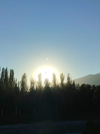 This image depicts a serene natural landscape at sunrise or sunset. The sun, a brilliant orb, is positioned centrally in the frame, casting a warm, golden glow that illuminates a thin band of sky and creates a halo effect around it. In the foreground, a dense line of tall, slender trees stands silhouetted against the bright sky. Their dark forms contrast sharply with the luminous background, suggesting they are either deciduous trees with sparse foliage or a type of tree that retains its leaves year-round. The trees are arranged in a uniform line, creating a natural barrier between the viewer and the brighter part of the scene.

Beyond the trees, a mountain range is visible in the distance. The mountains are softly lit, their contours appearing as muted, dusky shapes against the horizon. A faint haze or mist may be present, softening the details of the distant peaks. The sky above is a clear, gradient blue, transitioning from a pale, almost white hue near the horizon to a deeper, richer blue towards the top of the frame. The overall atmosphere of the image is peaceful and tranquil, evoking a sense of calm and natural beauty. The time of day is clearly indicated by the low angle of the sun and the soft, diffused light. The location cues, such as the type of trees and the mountainous backdrop, are consistent with a rural or natural setting, possibly in a region known for its dramatic landscapes, such as the provided location context of Kashat, Kyrgyzstan. No text is visible in the image.