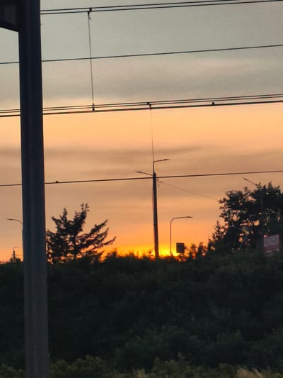This is a landscape image captured at sunset in Nowy Dwór Mazowiecki, Poland. The foreground is dominated by a dark, dense line of trees and foliage. Above this, a vibrant sunset paints the sky with hues of orange and yellow, transitioning into a softer, dusty grey towards the top of the frame. Several power lines crisscross the sky, supported by poles that are partially visible. One prominent pole stands to the left, and another taller one is located more centrally, with streetlights attached to both.
The setting appears to be near a road or transit line, given the presence of the power lines and streetlights. The time of day is clearly dusk, indicated by the setting sun and the warm, soft light. The weather appears clear, allowing for the full spectacle of the sunset. The image evokes a sense of calm and the end of the day. There are no people visible in the frame. A small sign with some text is partially visible on the right side of the image, but the text is illegible.