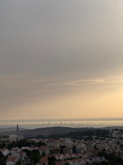The original image, when correctly oriented horizontally, presents a panoramic landscape view dominated by atmospheric haze and soft light. The scene is captured from an elevated perspective, looking over a residential area towards a distant horizon.

In the foreground, numerous residential houses with characteristic orange-red tiled roofs are visible, interspersed with lush green trees and other vegetation. Several of these houses have solar panels installed on their rooftops. A tall, slender communication tower stands prominently in the lower right section of the foreground.

Beyond the immediate residential development, a substantial area of dark green, forested hills or slopes stretches across the midground, acting as a natural buffer.

The background is characterized by a dense atmospheric haze that obscures much of the detail. Through this haze, a faint, elongated skyline of a distant city with multiple high-rise buildings can be discerned, extending horizontally across the image. Below the city outline, a muted body of water, likely the sea, blends into the misty conditions. The sky above is largely indistinct due to the haze, displaying a soft gradient from a light golden-yellow hue on the left to a lighter grey on the right. Faint, linear streaks, possibly contrails or thin clouds, are visible within the hazy sky.

The soft, diffused lighting and warm tones suggest either an early morning (sunrise) or late afternoon (sunset) ambiance. The weather is notably hazy or misty, significantly reducing visibility over long distances. No people or specific activities are depicted. There is no visible text in the image. The view is consistent with an elevated vantage point in Ariel, Palestinian Territories, looking towards the coastal plain.