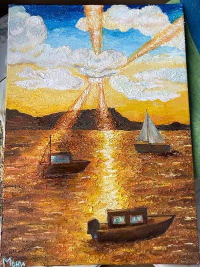 The provided image displays an impasto oil painting on canvas, photographed on its side, with the sky appearing on the left and the ground/water on the right. When viewed in its intended orientation (sky at top), the painting depicts a dramatic, heavily textured coastal or lakeside scene at either sunrise or sunset.
The artwork is characterized by thick, visible brushstrokes that create a tactile surface. The upper portion, representing the sky, transitions from deep blues on the left to vivid yellows and oranges towards the center. Numerous swirling, voluminous white clouds, rendered with prominent texture, fill much of the sky. Striking golden-orange rays emanate from a bright central point, possibly the sun or a powerful light source, cutting through the clouds and creating a strong focal point.
The lower two-thirds of the painting depicts a highly textured expanse, rich in yellows, oranges, and browns. This area could represent choppy, reflective water or a rugged landmass. A brilliant, vertical path of intense yellow and white light stretches from the center of the horizon downwards, strongly reflecting the light source in the sky.
No people are depicted in the scene. Several dark, silhouetted structures are placed against this luminous background. On the far right, a rustic, gabled house or shack with two rectangular windows is visible, reflecting blue-white light. A smaller, similar structure with one window is situated closer to the center, slightly to the left of the main reflection. Towards the upper right, a simplified white boat with a triangular sail appears to be navigating the textured surface.
The overall mood is one of intense natural drama and vibrant energy, conveyed through the bold colors and expressive application of paint. In what would be the bottom right corner of the correctly oriented painting, a signature in light blue script, possibly "M HOHL" or "WHOHL," is visible.