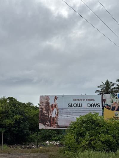 The image shows a billboard in the city of Denuwala, Sri Lanka. The billboard features an advertisement with the text "TAKE IT SLOW, LIFE IS BEAUTIFUL" and "SLOW DAYS". Two models are depicted on the billboard, a man and a woman, standing in front of a rustic stone wall and the ocean. To the right of this billboard, another billboard is partially visible, promoting "Denuwala Ayurveda Wellness". The environment surrounding the billboard is lush with green trees and vegetation. The sky is overcast with clouds. In the foreground, there is a dirt road and some debris on the ground. Power lines are visible in the upper right portion of the image.