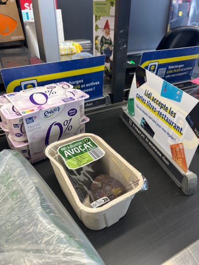 The image displays a Lidl supermarket checkout lane in Annœullin, France, viewed from a slightly elevated perspective. A black conveyor belt occupies the lower half of the frame, laden with grocery items. In the immediate foreground, a stack of "Envie Yaourt Nature 0%" yogurt multi-packs is present, with labels indicating "12 Pots" and "49kcal par pot." Adjacent to the yogurt, a beige, biodegradable-looking tray contains two dark-skinned avocados, labeled "PRÊT À DÉGUSTER AVOCAT 2 PIECES" with a barcode visible. A portion of a translucent plastic bag is visible on the far left of the conveyor belt.

Behind the items, a silver checkout counter structure supports multiple blue and yellow Lidl-branded signs. On the right, a prominent sign states, "Lidl accepte les cartes titres-restaurant" (Lidl accepts restaurant vouchers) and displays logos for various payment services including Bimpli, Visa, MasterCard, Edenred, and Apetiz. Another partially visible sign on the left encourages users to "Téléchargez LIDL PLUS et activez vos coupons !" (Download LIDL PLUS and activate your coupons!). In the blurred background, a display featuring a garden gnome figurine holding a blue bucket is discernible, suggesting a retail product or decoration within the store environment. A green indicator light is visible on the checkout equipment behind the right-hand sign. No individuals are visible.