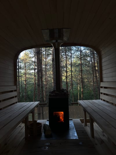 The image depicts the interior of a wooden sauna, likely in or near Ivachiv Horishnii, Ukraine, offering a view of a dense pine forest through a large, arched window. Inside, the sauna features two wooden benches flanking a black metal wood-burning stove, which glows with internal embers. A small pile of firewood and a wooden bucket are positioned on the floor near the stove. The wooden walls and ceiling of the sauna are visible, with the natural wood grain accentuated by the dim lighting. The exterior view showcases numerous tall pine trees with a thick undergrowth of greenery, suggesting a natural, possibly remote, setting. The lighting is low, with the warm glow of the stove contrasting with the cooler tones of the forest outside, hinting at either dawn or dusk. There are no people visible in the image.