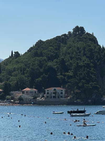 This image depicts a coastal scene in Donji Katun, Montenegro, under a clear blue sky. The foreground is dominated by a bright blue body of water where numerous people are swimming and wading. Several inflatable buoys form lines across the water, marking swimming areas. A person is visible on a paddleboard in the middle ground. A few boats are moored in the water, including a dark-colored boat with people aboard and a white motorboat to the right.

The middle ground features a coastline with several buildings, characterized by white walls and red-tiled roofs. Beyond the buildings, a steep, densely forested hill rises dramatically. The trees are a deep green, creating a lush backdrop. The vegetation covers the entire hillside, obscuring any further landscape beyond. The overall impression is a serene summer day at a popular beach destination.