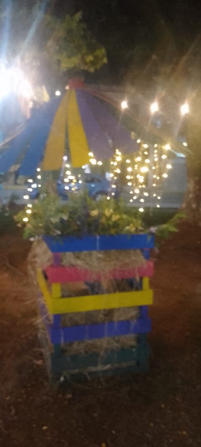 A colorful, rustic-style planter sits in the dark. It features horizontal planks in blue, pink, and yellow, filled with hay. Green foliage sprouts from the top, partially obscured by twinkling lights strung above. A blue and yellow striped umbrella-like structure is overhead, with hints of a tree and other lights in the background. The ground is dark and uneven.