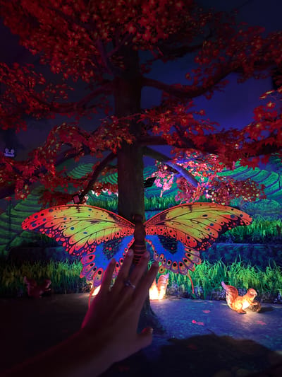 A low-angle, medium shot depicts an interior scene with artificial elements, likely an exhibit or display. The scene is illuminated with vibrant, artificial lighting.
On the left side, a tree with simulated autumn foliage (red/orange) stretches toward the top of the frame. The background behind the tree is dark blue.
In the center, a large, artificial butterfly with symmetrical wings is mounted on a simulated branch/trunk. The wings exhibit a gradient of colors, transitioning from yellow to orange to blue, adorned with patterns.
On the right, artificial grass and decorative elements such as a squirrel with an illuminated acorn tail can be seen. To the right, there is a right hand, with a ring on its finger.
The scene suggests an artificial indoor forest or themed exhibit with an emphasis on fantasy and vibrant colors. It is not possible to ascertain if the exhibit is within the city of Binh Lu, Vietnam.