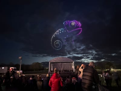 A crowd of people watches a drone show in South Norfolk, United Kingdom at night. The drones create the shape of a chameleon in the sky with colorful lights. In front of the crowd is a stage. A truck with its crane-lift is seen to the left of the stage. The sky is dark with clouds.