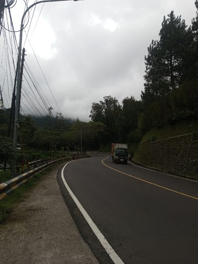 The image displays a curved, two-lane asphalt road in Bangtsho, Bhutan, under a heavily overcast, gray sky. The road features a solid white line on its left edge and a solid yellow center line, indicating a curve to the right. A dark-colored box truck, with a white cargo box displaying faint red markings on its side, is positioned on the road, traveling away from the viewer and to the right, following the road's curvature. To the immediate left of the road, a concrete pedestrian path runs parallel to a black and yellow striped metal guardrail. Further left, several utility poles with numerous tangled black electrical wires rise vertically, one equipped with a street light arm. Dense green foliage and trees line the left side, with distant mountains partially obscured by mist or low clouds in the background. On the right side of the road, a low stone retaining wall supports a steep, grass-covered embankment densely populated with dark green coniferous trees and other deciduous vegetation. No individuals are present in the scene.