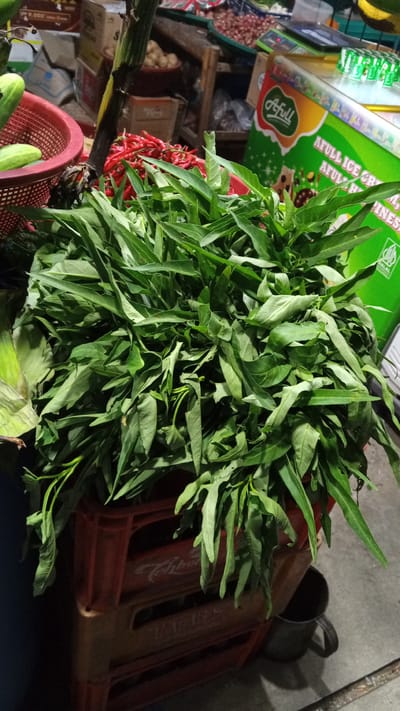 A close-up, eye-level shot focuses on a large pile of fresh green water spinach leaves, which are the primary subject. The spinach is displayed in an outdoor market setting, likely in Uteunreutoh, Indonesia, as indicated by the available context of previous images. The leaves are vibrant green and appear fresh, with some stalks visible beneath. They are piled high and spill over the edges of red plastic crates. The crates are stacked, with the top one being a deeper red and the one beneath it appearing to be a lighter orange-brown. The background is somewhat blurred but suggests a bustling market environment. To the left of the spinach, a red plastic basket contains two green cucumbers and a bunch of red chilies. Behind the spinach, in the upper left, are various boxes and what appears to be a portion of a stalk from a plant. To the right, a green refrigerated display case with a "A Full" logo is visible. The ground is concrete. The lighting suggests it is daytime, though the light is somewhat diffused, creating some shadows. There are no people directly visible in the frame.