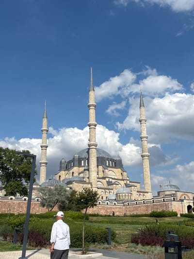 This is a vertical, medium-shot, eye-level photograph of the Selimiye Mosque in Edirne Merkez, Turkey, on a bright, cloudy day. The massive stone structure dominates the center of the frame, with its central dome and four towering minarets visible. The minarets are tall and slender, adorned with balconies. The mosque is surrounded by a decorative stone wall, and in front of it is a well-maintained green lawn with various bushes and trees. A man in a white shirt and cap is walking away from the camera in the foreground, on a paved walkway. The sky is a vibrant blue, with scattered white cumulus clouds. The lighting suggests it is daytime, likely late morning or early afternoon.