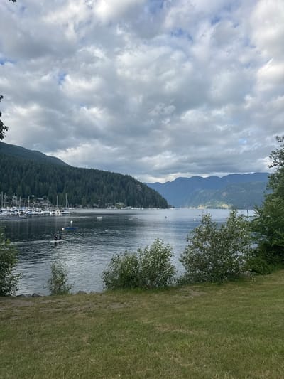 The image depicts a scenic view of Deep Cove in the District of North Vancouver, Canada. The foreground features a grassy area with some bushes. The middle ground shows a calm body of water, likely a bay or inlet, with several people engaged in water activities. Two individuals are visible on a paddleboard, and a small boat is moving across the water. In the background, a marina with numerous sailboats is docked along the shoreline, with a densely forested mountain slope rising behind it. The mountains continue in the distance, fading into a hazy blue against a cloudy sky. The overall atmosphere is serene, with the water reflecting the overcast sky and the lush greenery of the surrounding landscape.
