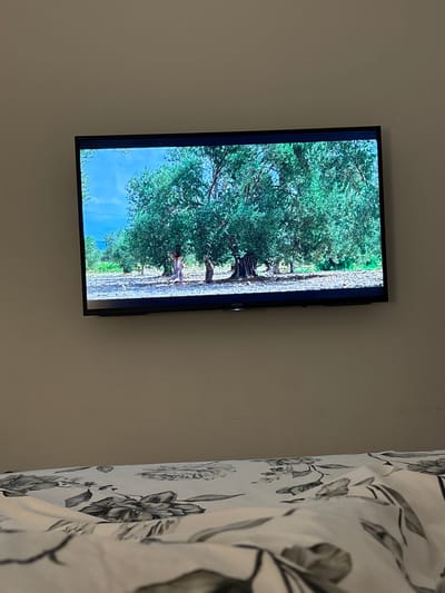 A television screen displays a scenic view of a field with several large olive trees under a bright blue sky. A person, appearing to be a woman wearing light-colored clothing, is visible walking among the trees. The foreground shows a portion of a bed with floral-patterned sheets. The location is identified as San Isidro, Peru.