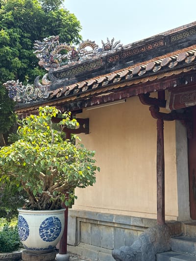 The image depicts a portion of a traditional Vietnamese building, likely a temple or palace structure, situated in Kim Long Ward, Vietnam. A section of the building's ornate roof is prominently displayed, featuring intricate carvings, decorative tiles, and a multi-tiered design. The roof is adorned with representations of mythical creatures, possibly dragons, and detailed geometric patterns.
Below the roof, a section of the building's wall is visible, painted a light beige color. Wooden support beams and brackets are used to brace the roof structure. A large ceramic pot, decorated with blue floral and possibly dragon motifs, sits in the foreground. A leafy green tree grows out of the pot, partially obscuring the view of the building.
The image suggests an architectural style specific to Vietnamese cultural heritage, with a focus on ornate details and traditional building materials. The presence of the bonsai tree suggests that these buildings are also decorated with plants.