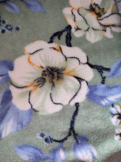 The image displays a close-up view of a fuzzy, light green blanket with a floral pattern. The pattern features white and light green flowers with black outlines and hints of orange in the centers. There are also blue floral elements and dark blue stems and branches interspersed throughout the design. The texture of the blanket is visible, with a soft, plush appearance. No specific location in Narowlya, Belarus, is depicted in this image; it is a detail of fabric.
