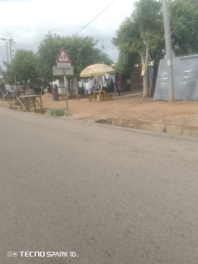 A street scene in Zanzi, Nigeria, is captured with a low-angle perspective from a paved road. In the mid-ground, a "School" sign with a warning symbol of children crossing is prominently displayed on a pole. To the right of the sign, a yellow awning shades a stall where various clothing items are hanging. A woman in a blue and patterned dress stands near the stall. Further to the right, a tall, grey, metallic structure with horizontal slats is visible. The background features lush green trees and utility poles with overhead wires. A ditch runs alongside the road, with some vegetation growing within it. The overall environment appears to be a commercial or residential area with an active street presence.