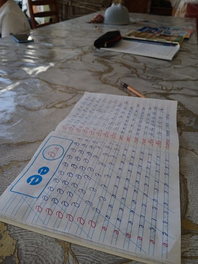 This is a close-up, eye-level, indoor photograph of a notebook on a patterned tablecloth. The notebook is open to pages filled with handwritten cursive letters in blue and red ink. The letters appear to be from an alphabet and are arranged in rows, suggesting a handwriting practice session. A portion of a blue and white graphic with the letter "ee" is visible on the left side of the notebook. A pencil lies diagonally across the top right corner of the open pages. In the background, a portion of a chair and a blurred person wearing white clothing can be seen. The overall lighting suggests an indoor setting, likely during the day, with shadows indicating sunlight. There is no discernible information about the city of Aghstafa, Azerbaijan in the image.