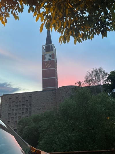 A slightly rotated vertical shot captures a brick clock tower and an adjacent building, framed by trees, against a colorful twilight sky in Pforzheim, Germany.

The central subject is a tall, slender clock tower constructed of reddish-brown brick. Its spire is dark and pointed. A clock face, positioned high on the tower, features golden hands and abstract markings (no numerical digits), indicating approximately 7:00 or 7:05. Below the clock, a section of the tower displays a grid-like pattern. To the right of the tower stands another building, built from lighter-colored stone or brick, characterized by a facade with multiple rectangular recesses or windows featuring intricate geometric patterns.

The sky in the background displays a beautiful gradient, transitioning from a light blue at the bottom to soft pink and then an orange hue towards the upper left, strongly suggesting either sunrise or sunset. Given the time indicated on the clock and the warm, golden light illuminating the leaves in the foreground, it is likely evening, around 7 PM.

Dense green foliage frames the scene. On the left side, sunlit leaves, rich in warm tones, partially obscure the sky. On the right, darker trees and bushes line the side of the building. A sparser tree is also visible against the pink sky behind the tower. In the bottom right corner, a portion of a car's windshield and roof can be seen, indicating the vantage point was likely from a vehicle or close to a street. No specific activity or visible text is present in the image.