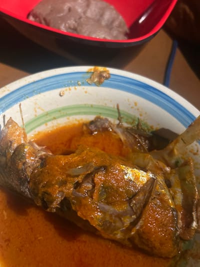 The image displays a prepared meal in Egbe, Nigeria. The foreground is dominated by a ceramic bowl, featuring blue, white, and green concentric stripes around its rim. Within this bowl, a whole cooked fish is submerged and heavily coated in a vibrant reddish-orange stew or sauce. Visible elements of the fish include portions of its skin, some bones, and remnants of fins, all saturated with the sauce. In the blurred background, a red plastic bowl contains a light grey, semi-solid, textured food item, indicative of a traditional Nigerian "swallow" staple. The overall environment appears to be an indoor setting, likely a dining table, suggested by the dark, out-of-focus background. There are no individuals present in the frame.