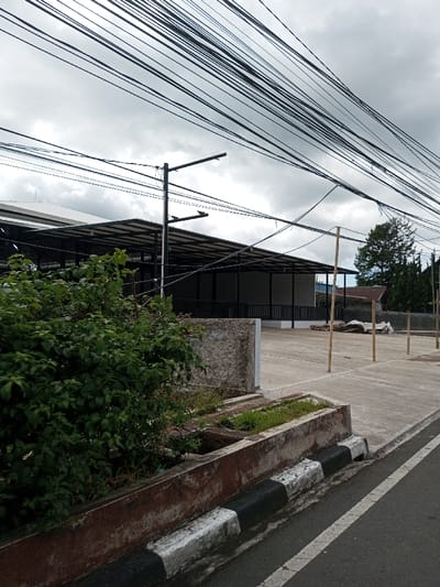 The image displays an urban scene in Taohom, Laos, under a heavily overcast sky. The foreground shows a dark asphalt road with a faded white centerline, bordered by a curb painted in alternating black and white segments. Adjacent to the curb is a rectangular, weathered planter box, predominantly reddish-brown, containing sparse green vegetation and visible soil. A dense green bush occupies the left midground.
Behind the planter and bush, a light gray concrete paved area extends into the background. A large, open-sided structure with a dark metal roof frame and a lighter roof is prominent in the midground, featuring a black railing along its perimeter and white-painted lower walls or support columns. To the right of this structure, several slender, light-colored bamboo poles are vertically inserted into the paved surface, forming a loose line. Behind these poles, white tarp-like materials are partially visible. Further in the background, a building with a reddish roof and parts of a light blue wall are visible, interspersed with green foliage.
The upper section of the image is filled with a dense array of black utility wires crisscrossing against the gray sky. A dark utility pole with cross-arms, supporting some of these wires, is situated on the left side of the frame. No individuals, objects in motion, or direct interactions are present in the scene.
