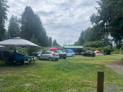 The image shows a campsite at Cultus Lake Provincial Park in Chilliwack, Canada. The scene is a grassy area with several tents and vehicles set up. A white canopy covers a picnic table with a blue tarp over it. Adjacent to the canopy is a dark-colored tent with a green tarp and a fire pit. Several cars are parked on the grass, including a silver hatchback, a black SUV, and a white SUV with a roof rack. In the background, there are more tents, including a red and a blue tent. A green covered picnic shelter is visible further back, with people seated at tables. The campsite is surrounded by tall evergreen trees, and the sky is overcast. A wooden post stands in the foreground.