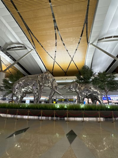 This media file depicts a modern indoor space, possibly an airport terminal or a large atrium in Nong Prue Subdistrict, Thailand. The scene is dominated by two large, abstract sculptures of elephants crafted from polished metal. These sculptures are positioned as if interacting, with one appearing to nudge the other. They are surrounded by artificial greenery and low, decorative stanchions with red ropes, creating a designated walkway or viewing area.
The architectural elements of the setting are prominent, featuring a high ceiling with exposed beams and a distinctive wall treatment of vertical wooden slats in a warm, golden hue. The lighting appears to be artificial, casting reflections on the polished floor and the metallic sculptures.
In the background, there are glimpses of signage, including directional arrows with numbers such as "S116-S126" and "S114A-S114B." There are also faint indications of retail storefronts with illuminated signs, suggesting a commercial or travel hub environment. The overall atmosphere is one of contemporary design and scale, with the sculptures serving as a focal point. No people are visible in the frame, and the time of day and weather are not determinable from the image. The mood is serene and visually striking, highlighting the artistic installations within the architectural space.