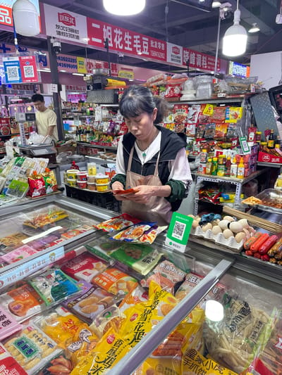 The image shows the interior of a store, likely a small supermarket or a specialized food shop, in Guta, China. An older woman with grey hair is looking at frozen food items in a glass-doored display freezer. She is wearing a jacket and a beige handbag. She appears to be holding packaging while choosing items.
Shelves packed with various food products are visible in the background, indicating a well-stocked environment. A man in a light-colored shirt is seen near a counter in the distance.
There are signs with Chinese characters visible, including "批发零售" (wholesale and retail) and "东北好食材" (good Northeast ingredients). QR codes for Alipay and WeChat Pay are prominent. The freezer contains an assortment of packaged frozen goods, including dumplings, pastries, and meat products. The environment suggests a bustling, crowded retail space.